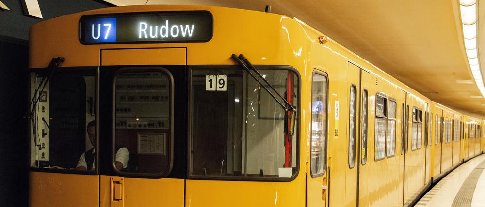 Berlin, Germany. Retrospective but refurbished subway train of U-Bahn at a platform of the U7 line between Spandau in te South-West and Rudow in the South of the German Capitol. This U-Bahn line was often used by Christiane F in the 1970´s, during her era at Bahnhof Zoo, as described in her biography.