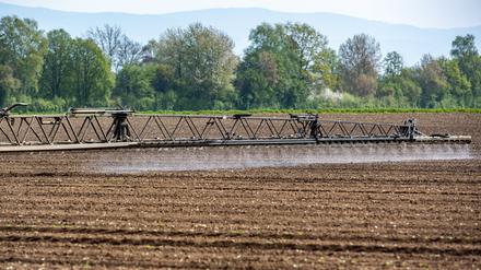 Ein Traktor mit einem GPS-Lenksystem bringt auf einem Acker Pflanzenschutzmittel aus.