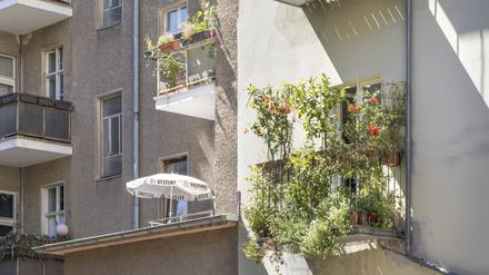 Fassade eines Mietshauses mit Balkon und Bepflanzungen.