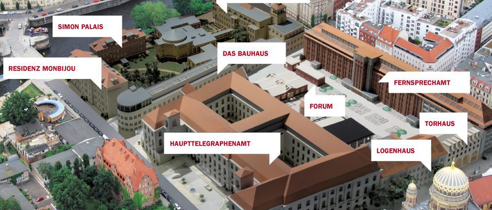 Ein Modell des Quartiers zwischen Oranienburger Straße (unten rechts mit der Synagoge) und Spree.