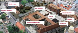 Ein Modell des Quartiers zwischen Oranienburger Straße (unten rechts mit der Synagoge) und Spree.