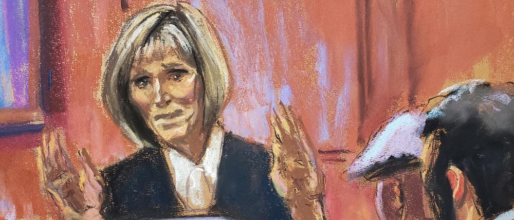  Die ehemalige „Elle“-Ratgeberkolumnistin E. Jean Carroll beantwortet während eines Zivilprozesses Fragen ihres Anwalts Michael Ferrara.