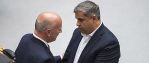 „Ohne Streit und Hektik“. Berlins Regierender Kai Wegner (CDU) und Co-SPD-Landeschef Raed Saleh loben die Zusammenarbeit ihrer Parteien in den vergangenen Wochen. (Archivbild)