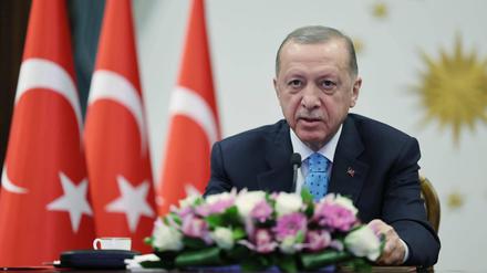 Präsident Erdogan bei einer Videokonferenz.