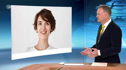Interview mit der KI: „heute-journal“-Moderator Christian Sievers unterhält sich mit Avatar Jenny, die Antworten von ChatGPT wiedergibt. 