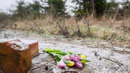 Blumen liegen an dem Ort, an dem Ende Januar die Leiche des 14-Jährigen gefunden wurde.