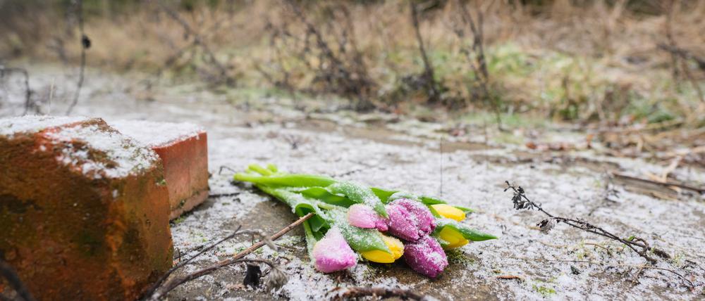 Blumen liegen an dem Ort, an dem Ende Januar die Leiche des 14-Jährigen gefunden wurde.