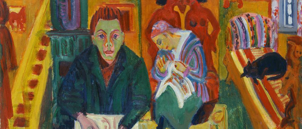 Die Schrecken des Kriegs ließen ihn nicht mehr los: Ernst Ludwig Kirchner porträtiert sich in seinem 1923 entstandenen Gemälde „Das Wohnzimmer“ mit schwefelgrünem Gesicht.