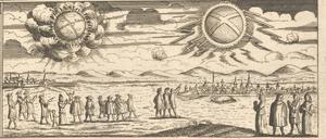Feuerkugeln am Himmel. Ein Kupferstich von 1697. 