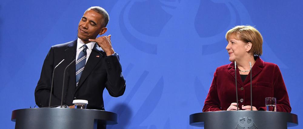 US-Präsident Barack Obama und Bundeskanzlerin Angela Merkel geben am 17.11.2016 in Berlin im Bundeskanzleramt eine Pressekonferenz. Obama hält sich zu seinem Abschiedsbesuch in der deutschen Hauptstadt auf. Foto: Bernd von Jutrczenka/dpa ++ +++ dpa-Bildfunk +++
obammerkel0502
