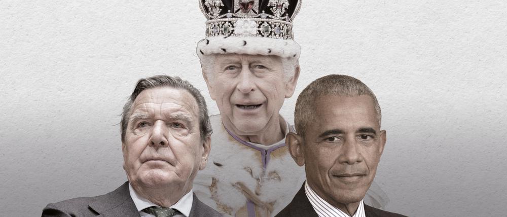 Alte Männer in den Schlagzeilen: Gerhard Schröder, König Charles, Barack Obama.