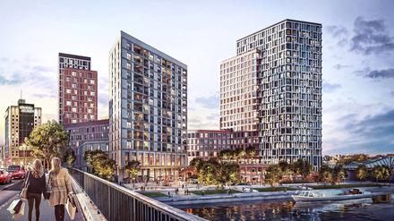 So soll das Neubauviertel aussehen. Links hinten sind die Arcaden zu sehen. Der Rathausturm befindet sich rechts hinter dem 80-Meter-Turm.