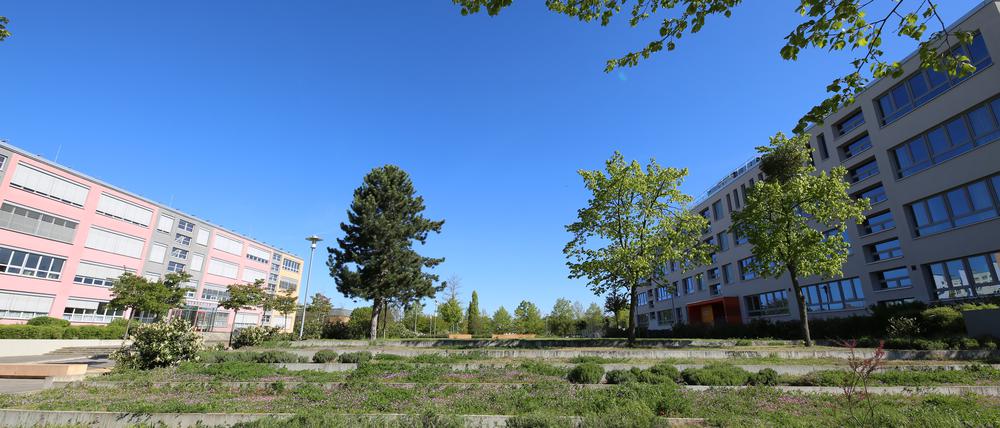 Der Schulcampus des Leibniz-Gymnasiums, links befindet sich die Musikschule.