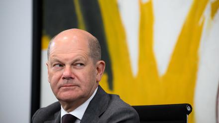 Bundeskanzler Olaf Scholz (SPD) bei der Pressekonferenz nach dem Bund-Länder-Gipfel im Bundeskanzleramt. 
