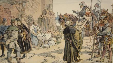 Kurfürst Friedrich II. „Eisenzahn“ besichtigt die Baustelle des ersten Schlosses in Berlin-Cölln. Die Abbildung ist eine Zeichnung des Historienmalers Carl Röhling und entstammt dem um 1900 in Berlin veröffentlichten Buch „Die Hohenzollern in Bild und Wort“, mit Illustrationen von Röhling und Texten von Richard Sternfeld.