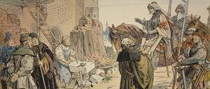 Kurfürst Friedrich II. „Eisenzahn“  besichtigt die Baustelle des ersten Schlosses in Berlin-Cölln. Die Abbildung ist eine Zeichnung des Historienmalers Carl Röhling und entstammt dem um 1900 in Berlin veröffentlichten Buch „Die Hohenzollern in Bild und Wort“, mit Illustrationen von Röhling und Texten von Richard Sternfeld.
