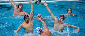 Eine gute Verteidigung wird Spandau 04 (schwarze Badekappen) gegen Waspo Hannover (hier im Bild Hrvoje Benic, Nr. 11) in der Finalserie erneut brauchen.