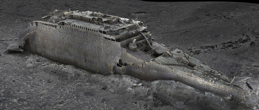 Diese von Atlantic/Magellan veröffentlichte Aufnahme eines digitalen Scans, der mit Hilfe von Tiefseekartierungen erstellt wurde, zeigt den Bug der Titanic in knapp 4000 Metern Tiefe auf dem Grund des Atlantiks.