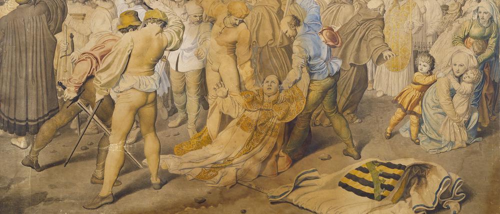 Der in Berlin geborene Künstler Franz Ludwig Catel malte 1806 dieses Aquarell, das die Ermordung des Probstes Nikolaus von Bernau vor der Marienkirche 1324 zeigt.