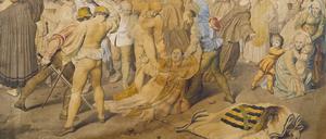 Der in Berlin geborene Künstler Franz Ludwig Catel malte 1806 dieses Aquarell, das die Ermordung des Probstes Nikolaus von Bernau vor der Marienkirche 1324 zeigt.
