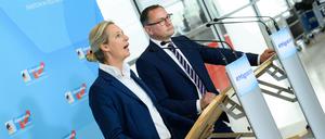 09.05.2023, Berlin: Alice Weidel, Vorsitzende der AfD-Bundestagsfraktion, und Tino Chrupalla, Vorsitzender der AfD-Bundestagsfraktion, äußern sich vor der Fraktionssitzung der AfD im Deutschen Bundestag. Foto: Bernd von Jutrczenka/dpa +++ dpa-Bildfunk +++