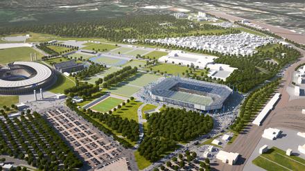 Die Visualisierung zeigt den möglichen Standort eines reinen Fussballstadions (r) in der Nähe des Olympiastadions.
