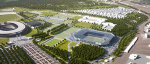 Die Visualisierung zeigt den möglichen Standort eines reinen Fussballstadions (r) in der Nähe des Olympiastadions.