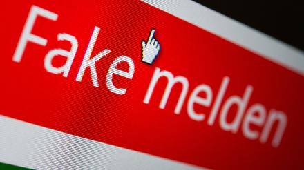 „Fake melden“: Ein Mauszeiger ist am 01.12.2016 auf einem Computermonitor auf einem Button zu sehen, mit dem man eine gefälschte Nachricht melden kann. 