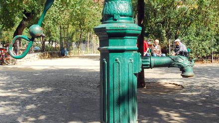 Featurefotos rund um den Boxhagener Platz in Berlin Friedrichshain mit dem Spielplatz, der Wiese, dem alten Toilettenhaus und den Skulpuren im kleinen Wasserbecken

Foto: Kitty Kleist-Heinrich