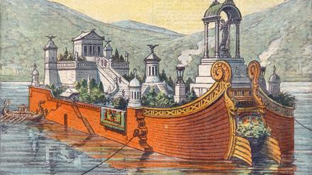 Caligula s floating palace, Lake Nemi, near Rome, Italy Caligula s floating palace on Lake Nemi, south of Rome. It included marble floors and plumbing. Date: circa 40 PUBLICATIONxINxGERxSUIxAUTxONLY Copyright: CopyrightxcGeminix2023.xCredit:xGemini 12002084