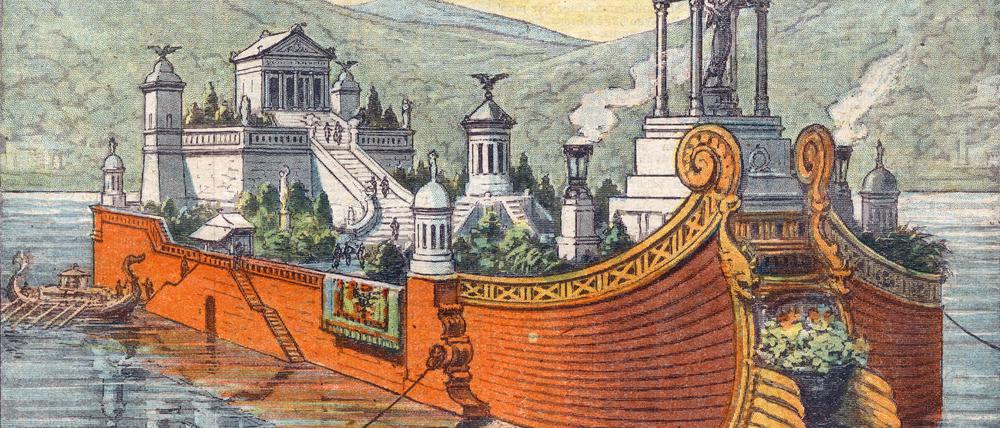 Caligula s floating palace, Lake Nemi, near Rome, Italy Caligula s floating palace on Lake Nemi, south of Rome. It included marble floors and plumbing. Date: circa 40 PUBLICATIONxINxGERxSUIxAUTxONLY Copyright: CopyrightxcGeminix2023.xCredit:xGemini 12002084