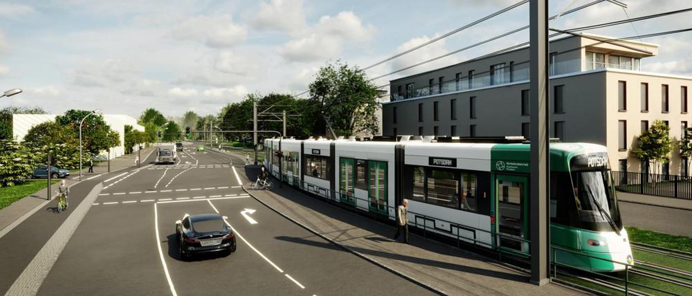 So soll die Tramtrasse auf der Insel in Neu Fahrland aussehen. Zu sehen ist hier der Abschnitt Tschudistraße. 