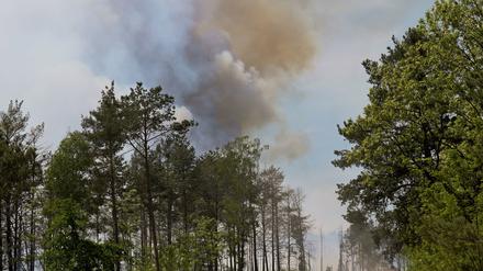 Ein Feuerwehrfahrzeug fährt durch einen Wald bei Jüterbog aus dem Rauchschwaden aufsteigen. Das Feuer in dem Wald hat sich wieder ausgebreitet.