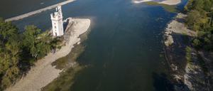 Der Rhein bei Bingen bei extremem Niedrigwasser im Dürresommer 2022.