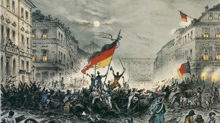  Von der Geschichte gezeichnet. Dieser Kreidelithographie-Druck zeigt die Straßenkämpfe in der Breiten Straße in der Nacht vom 18. zum 19. März 1848. 