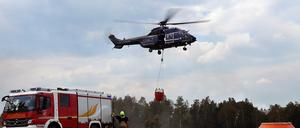 08.06.2023, Brandenburg, Jüterbog: Ein Löschhubschrauber ist in einem Waldstück nahe Jüterbog im Einsatz. Die Lage beim Waldbrand auf dem ehemaligen Truppenübungsplatz bei Jüterbog hat sich etwas entspannt. Foto: Sven Kaeuler/TNN/dpa +++ dpa-Bildfunk +++