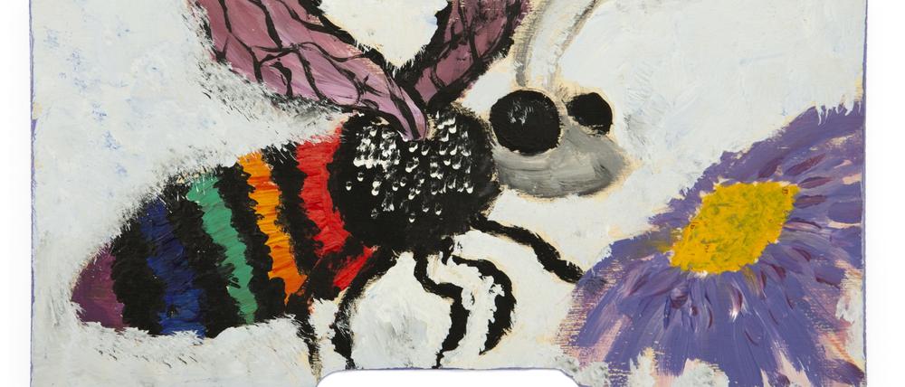 Bemaltes Bienenstockstirnbrettchen. „Queer Bee“ von Eni Višner, Slowenien, 2022.