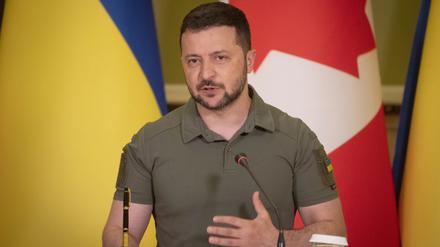 Wolodymyr Selenskyj, Präsident der Ukraine während einer gemeinsamen Pressekonferenz mit dem kanadischen Premierminister Trudeau. 