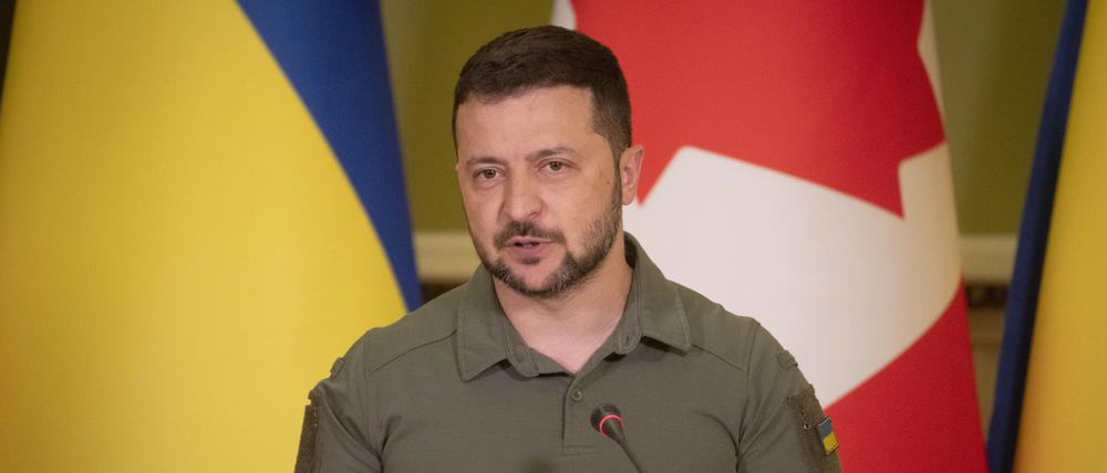 Wolodymyr Selenskyj, Präsident der Ukraine während einer gemeinsamen Pressekonferenz mit dem kanadischen Premierminister Trudeau.