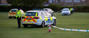 Polizisten warten neben ihren Autos (Symbolbild).