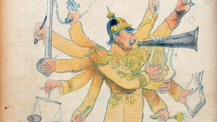 Antreiber, Säbelschwinger und Großkotz: Wilhelm II. 1898 in einer Karikatur der französischen Satirezeitschrift „Le Rire“.