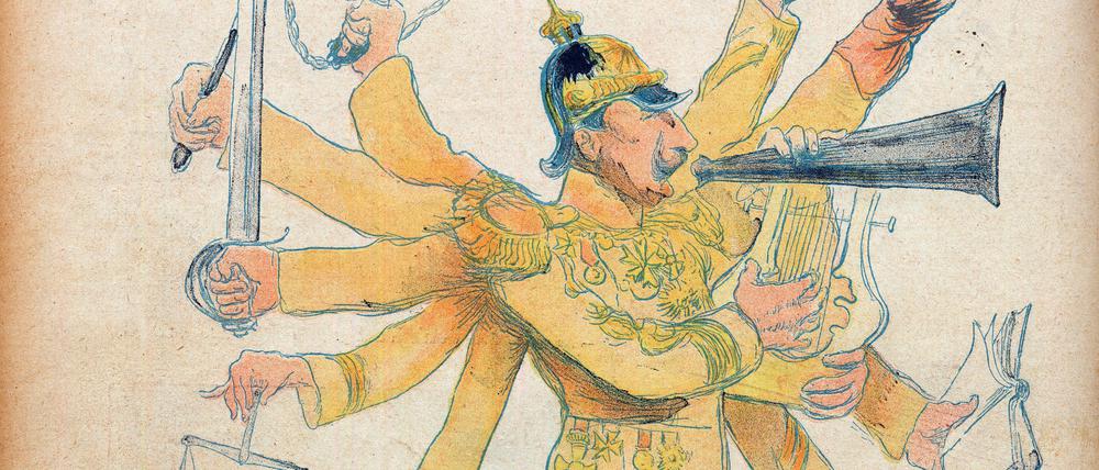 Antreiber, Säbelschwinger und Großkotz: Wilhelm II. 1898 in einer Karikatur der französischen Satirezeitschrift „Le Rire“.