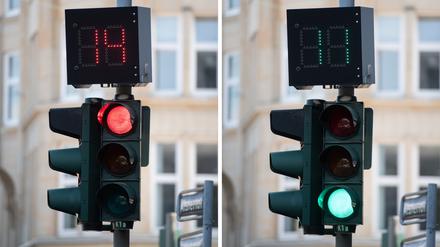 KOMBO - ILLUSTRATION - 19.07.2018, Hamburg: Die Kombo zeigt eine Anzeige an einem Ampelmast, welche die Sekunden bis zur nächsten Rot- und Grünphase anzeigt. (zu dpa «Ampeln kommunizieren mit Autos - Projekt in Hamburg» vom 20.07.2018) Foto: Daniel Reinhardt/dpa +++ dpa-Bildfunk +++