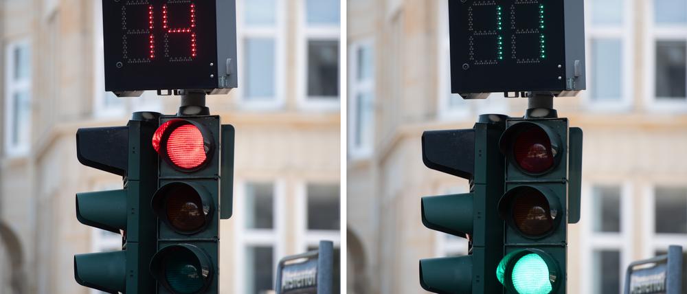 KOMBO - ILLUSTRATION - 19.07.2018, Hamburg: Die Kombo zeigt eine Anzeige an einem Ampelmast, welche die Sekunden bis zur nächsten Rot- und Grünphase anzeigt. (zu dpa «Ampeln kommunizieren mit Autos - Projekt in Hamburg» vom 20.07.2018) Foto: Daniel Reinhardt/dpa +++ dpa-Bildfunk +++