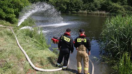Kandrzin-Cosel in Polen. Feuerwehrleute pumpen Sauerstoff in den von der Oder abzweigenden Gleiwitzer Kanal, um das Algenwachstum zu verhindern. Polnische Behörden haben eine Sauerstoffanreicherung des Wassers angeordnet. 