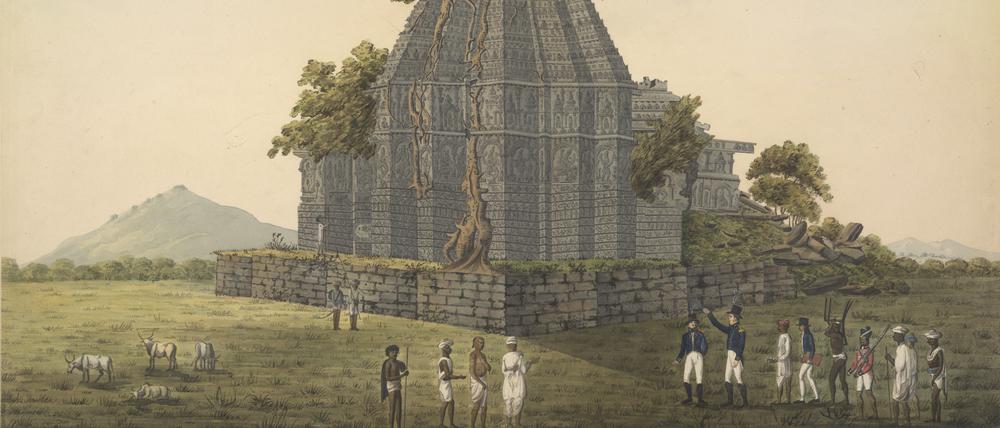 Eine der Tempelruinen des Königreichs Vijayanagar, hier auf einer Zeichnung, die zwischen 1790 und 1810 entstanden sein muss.