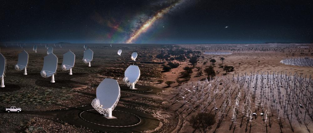 So könnten die SKA-Observatorien in Zukunft aussehen: links die Schüsseln von SKA-mid in Südafrika, rechts die Antennen von SKA-low in Australien.