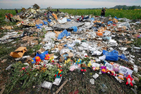 Trümmer und Blumen am Absturzort der MH17.
