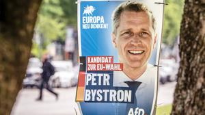 AfD-Wahlplakat mit Kandidat Petr Bystron zur Europawahl.