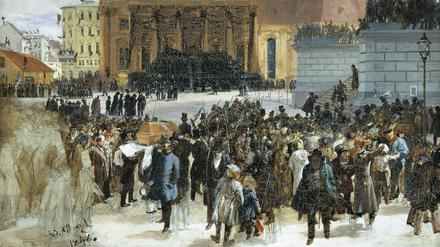 Adolph Menzels Gemälde „Aufbahrung der Märzgefallenen“ (Ausschnitt) entstand 1848 und zeigt die Menge am Gendarmenmarkt.